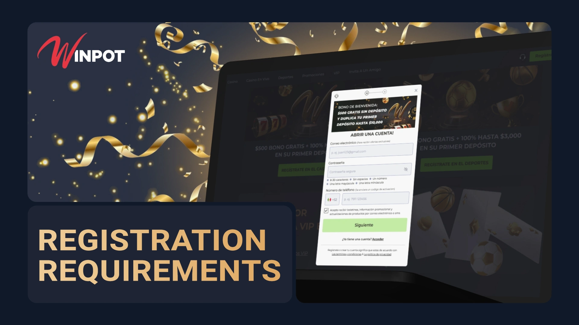 Winpot Mexico: Create an account for sports betting and casino games; your registration details for the platform